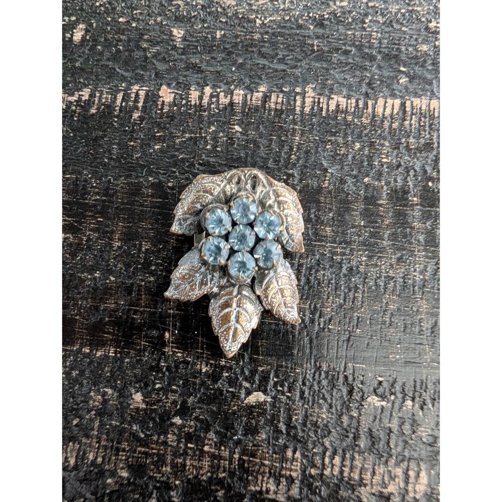 Light Blue Rhinestone Silver Toned Circle Brooch With Leaves Vintage